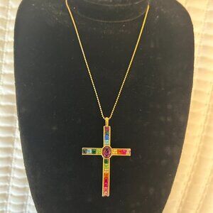 Gold plated multi colored rhinestone cross